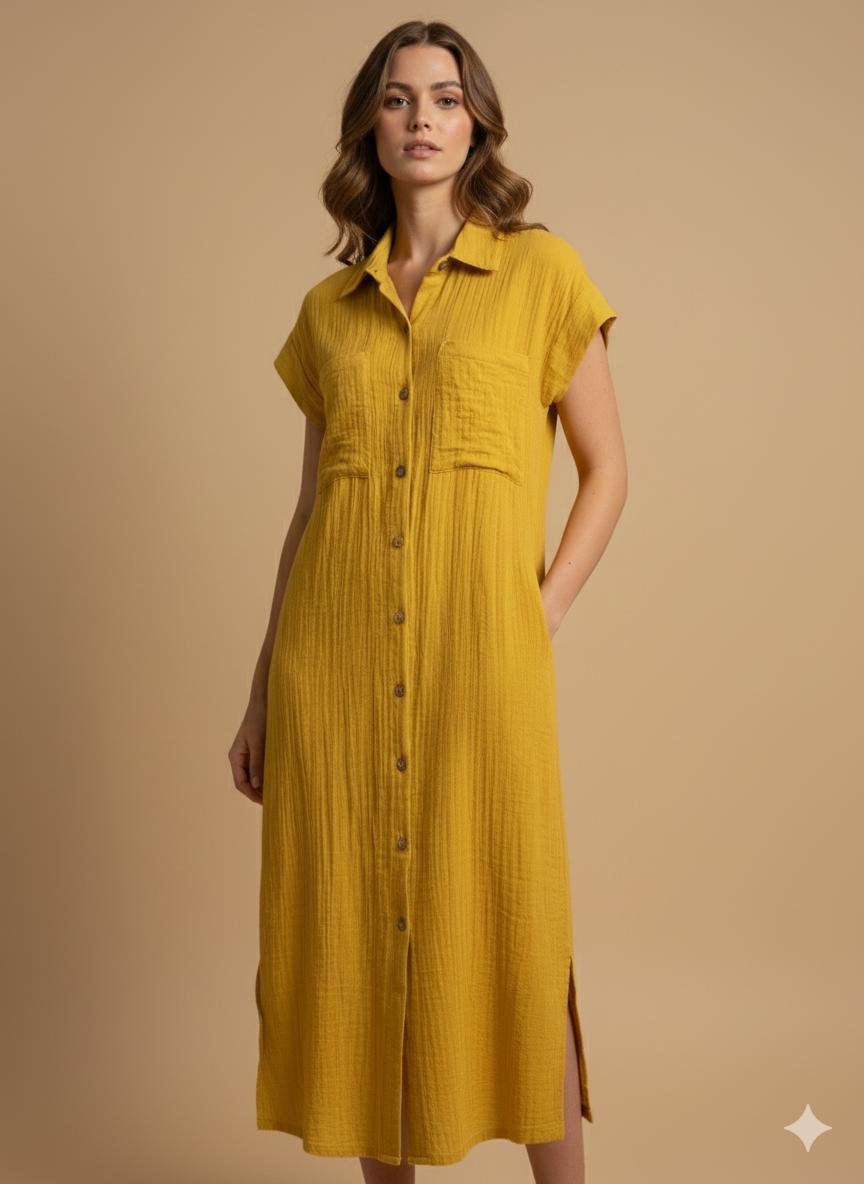 Woman wearing a yellow cotton double gauze button-down dress styled for fall fashion, featuring short sleeves, pockets, and a minimal neutral chic look.