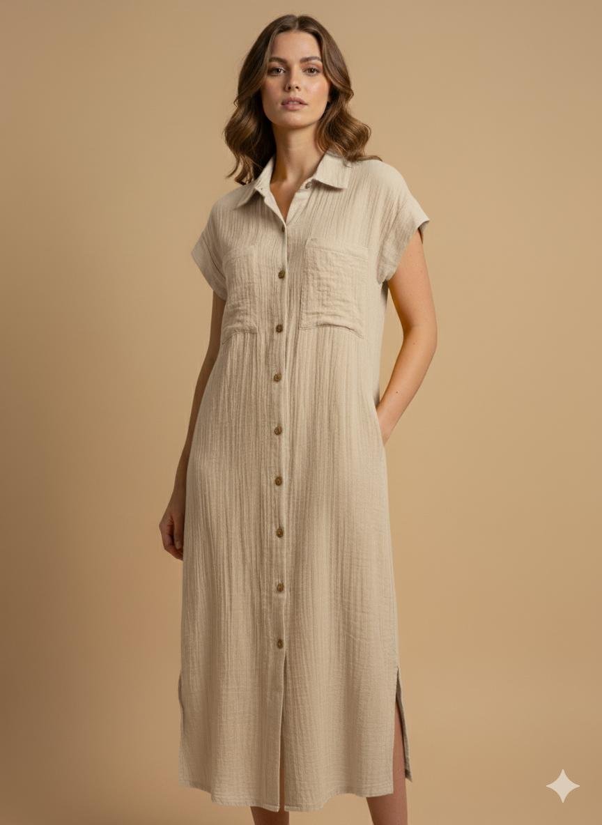 Woman wearing a biege cotton double gauze button-down dress styled for fall fashion, featuring short sleeves and a relaxed neutral chic look.