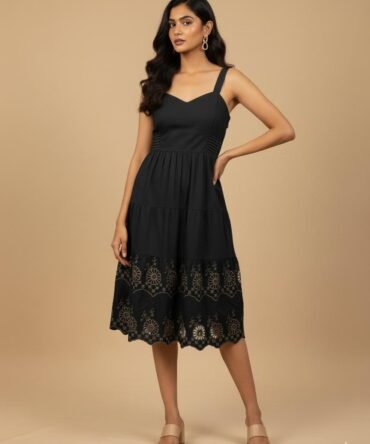 Model wearing a black midi dress, with tan detailing with eyelet at the hem.