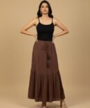 model wearing cotton brown maxi skirt with drawstring tassle