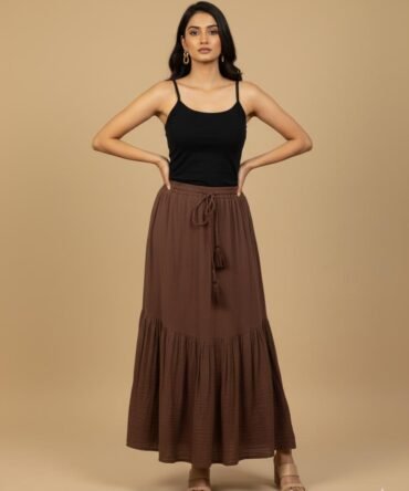 model wearing cotton brown maxi skirt with drawstring tassle