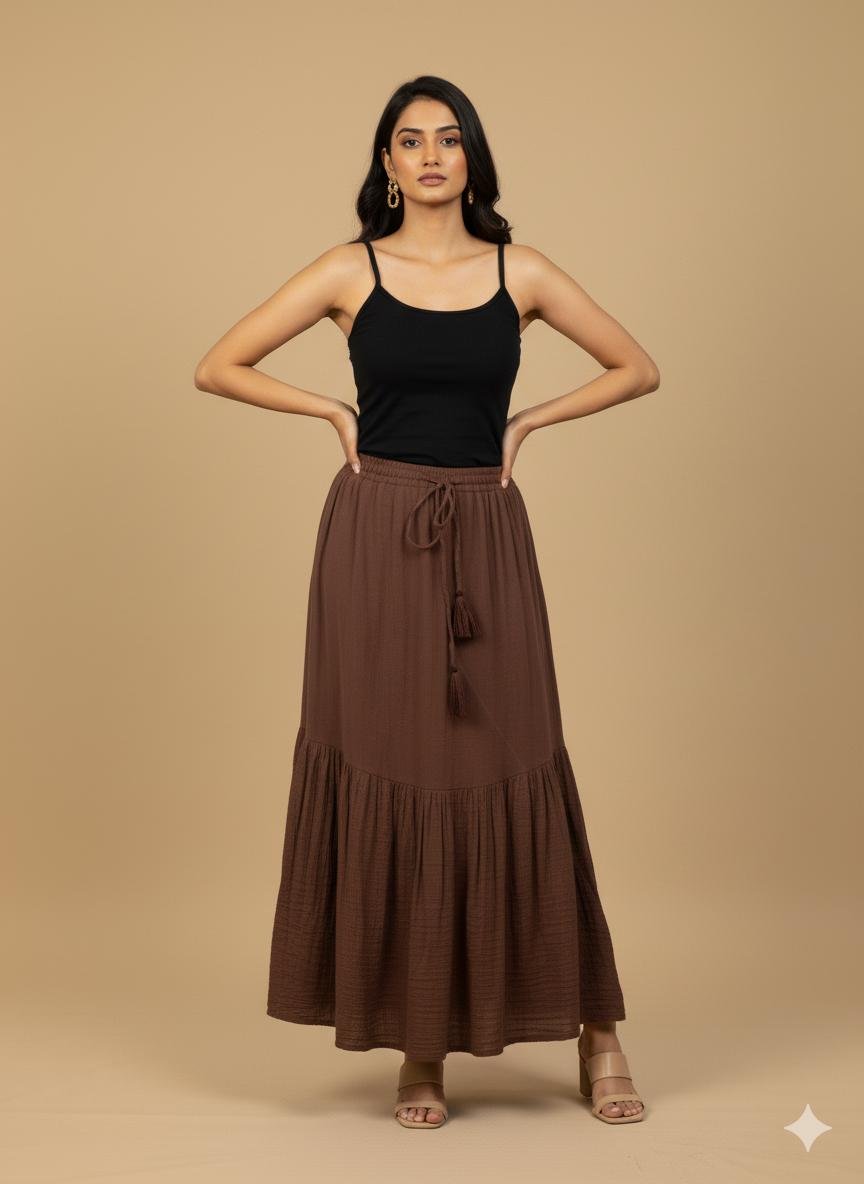 model wearing cotton brown maxi skirt with drawstring tassle