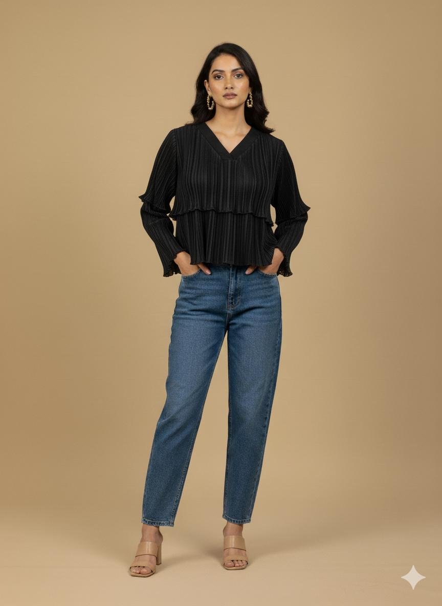 Woman wearing a black pleated ruffle top with flared sleeves and blue jeans, standing against a neutral beige background, minimal chic fashion look.
