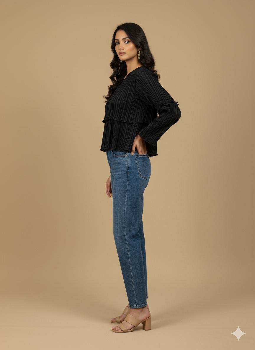 Black Pleated Ruffle Top