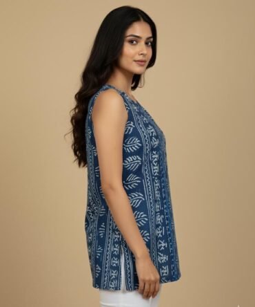 Side view of blue batik print sleeveless cotton kurti in soft fabric, showing flattering fit and boho-chic vibe.