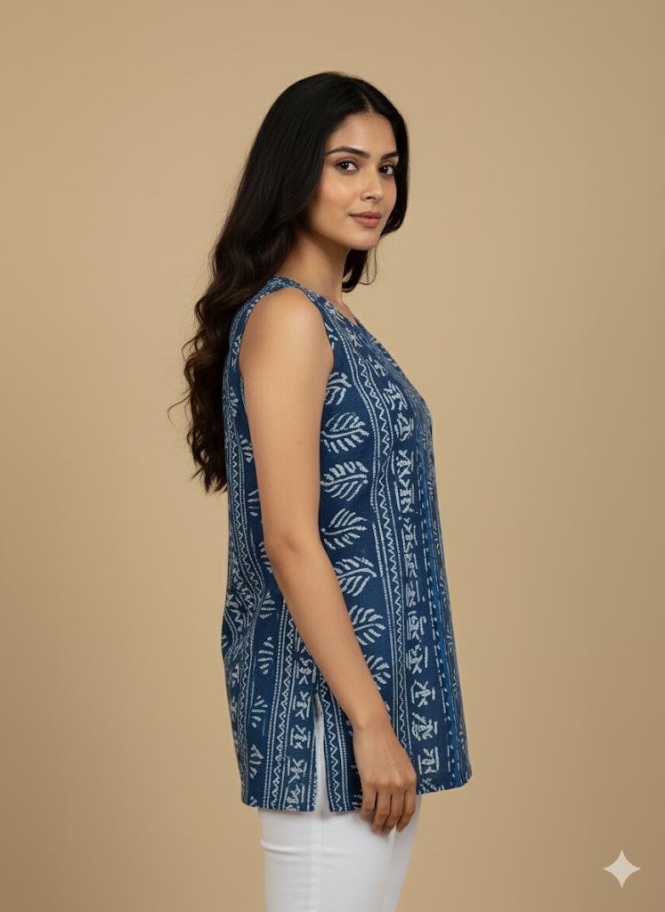 Side view of blue batik print sleeveless cotton kurti in soft fabric, showing flattering fit and boho-chic vibe.