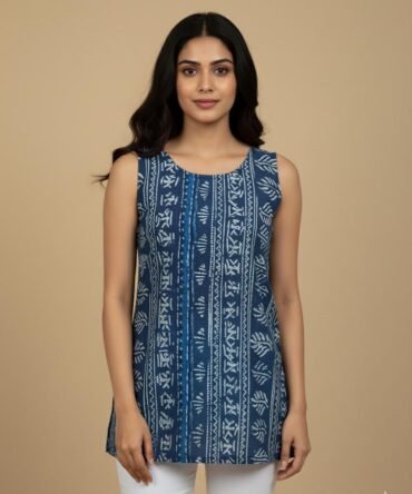 Model wearing a blue batik print sleeveless cotton kurti with white pants, showcasing front design and ethnic boho vibe.