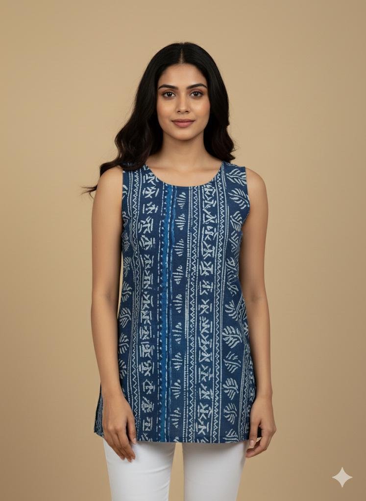 Model wearing a blue batik print sleeveless cotton kurti with white pants, showcasing front design and ethnic boho vibe.