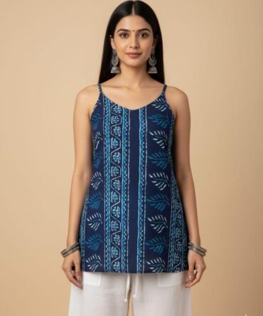 Model wearing blue batik print strappy cotton kurti with white pants — boho chic summer top in handprinted cotton