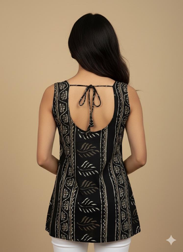 Model showing the back of a sleeveless black batik print cotton kurti with tie-up detail, paired with white pants.
