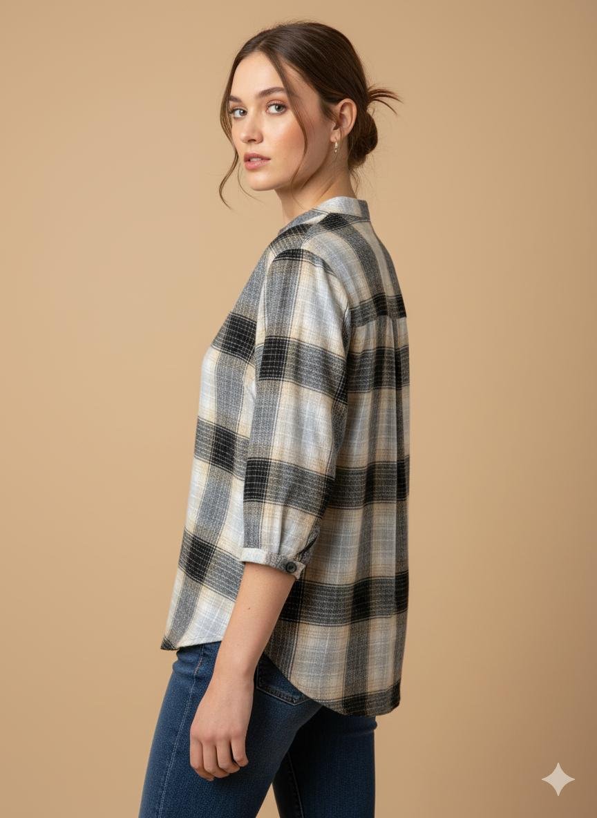 Beige and Black Checkered Shirt