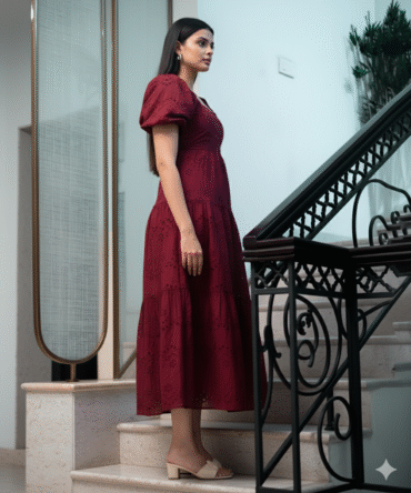 Side pose of Indian model wearing the Burgundy Tiered Maxi Dress. The image highlights the tiered volume of the skirt, the profile of the puff sleeves, and the overall A-line fit. Model has straight hair, silver hoops, and arms at her side.