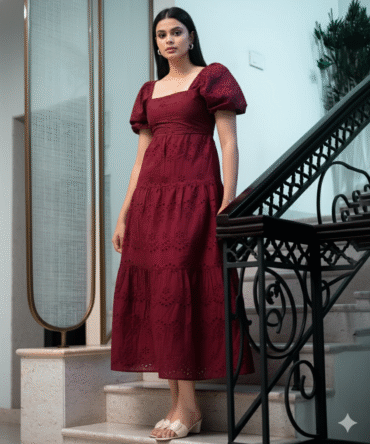 Front pose, full view of Indian model wearing the Burgundy Tiered Maxi Dress with puff sleeves, square neckline, and detailed eyelet embroidery. Straight hair, arms relaxed at sides, wearing small silver hoops.